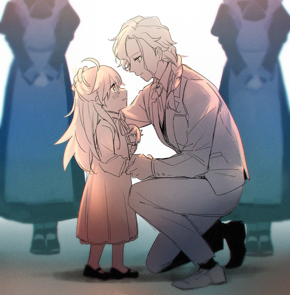 1boy 1girl aged_down aki_(neyuki41028) child crying fate/grand_order fate_(series) father_and_daughter kneeling looking_at_another maid marisbury_animusphere olga_marie_animusphere on_one_knee