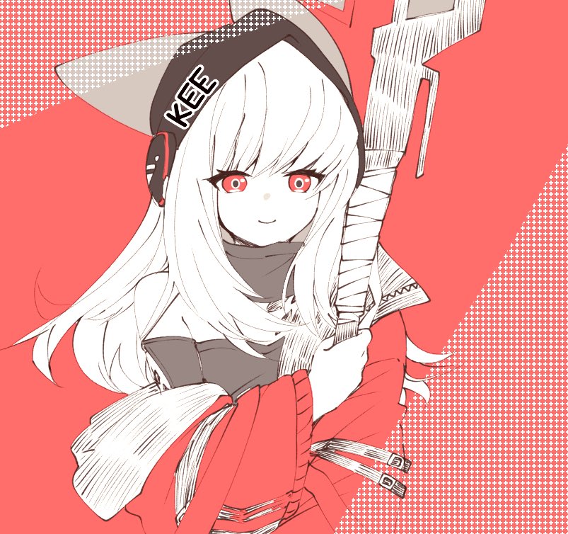 1girl animal_ears arknights aruru_000 closed_mouth clothes_writing commentary ears_through_headwear frostleaf_(arknights) hat holding jacket long_sleeves looking_at_viewer medium_hair oekaki off_shoulder one-hour_drawing_challenge partially_colored red_background red_eyes red_jacket smile solo upper_body