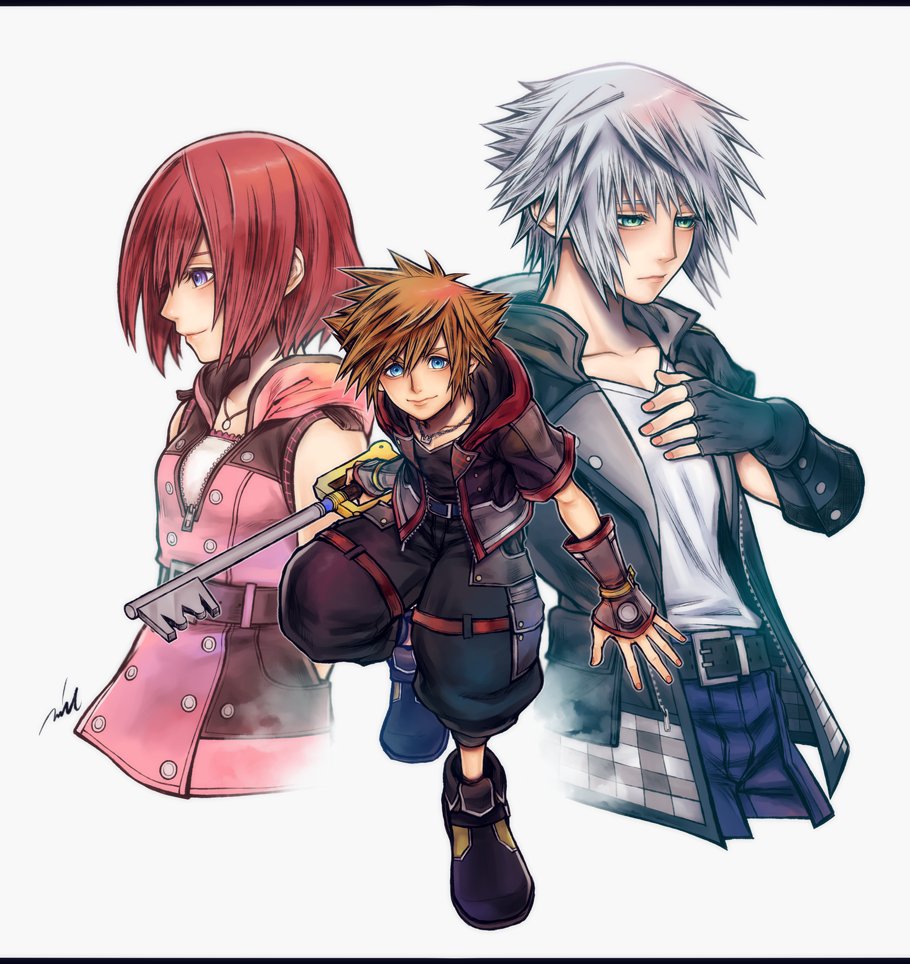 1girl 2boys belt belt_buckle black_belt black_gloves black_jacket black_pants blue_eyes blue_pants brown_hair buckle closed_mouth collarbone cropped_legs cropped_torso dress gloves green_eyes grey_hair hair_behind_ear hand_on_own_chest holding holding_weapon hood hooded_dress hooded_jacket jacket jewelry kairi_(kingdom_hearts) kingdom_hearts kingdom_hearts_iii lapels looking_at_viewer looking_down mim_(mimya0600) multiple_boys necklace open_clothes open_jacket pants pink_dress puffy_pants red_hair red_trim riku_(kingdom_hearts) shirt shoes short_hair short_sleeves simple_background sleeveless sleeveless_dress smile sora_(kingdom_hearts) unzipped v-neck weapon white_background white_shirt zipper