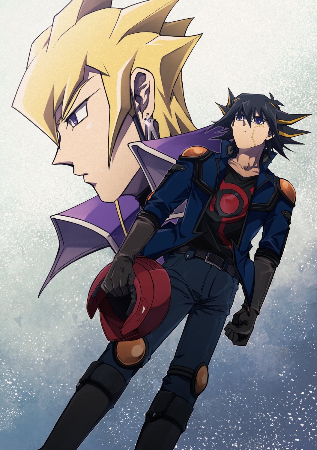 2boys black_hair black_shirt blonde_hair blue_jacket blue_pants brown_gloves earrings facial_mark fudo_yusei gloves helmet highres holding holding_helmet jack_atlas jacket jewelry male_focus medium_hair multicolored_hair multiple_boys pants red_helmet ronkitci shirt spiked_hair two-tone_hair unworn_headwear unworn_helmet yu-gi-oh! yu-gi-oh!_5d&#039;s
