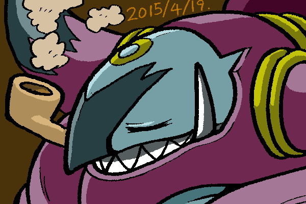 1boy 2015 dated fangs gen_6_pokemon hoopa hoopa_(unbound) horns legendary_pokemon mythical_pokemon nintendo pokemon pokemon_(creature) sharp_teeth smoking_pipe teeth tokunogawa upper_body