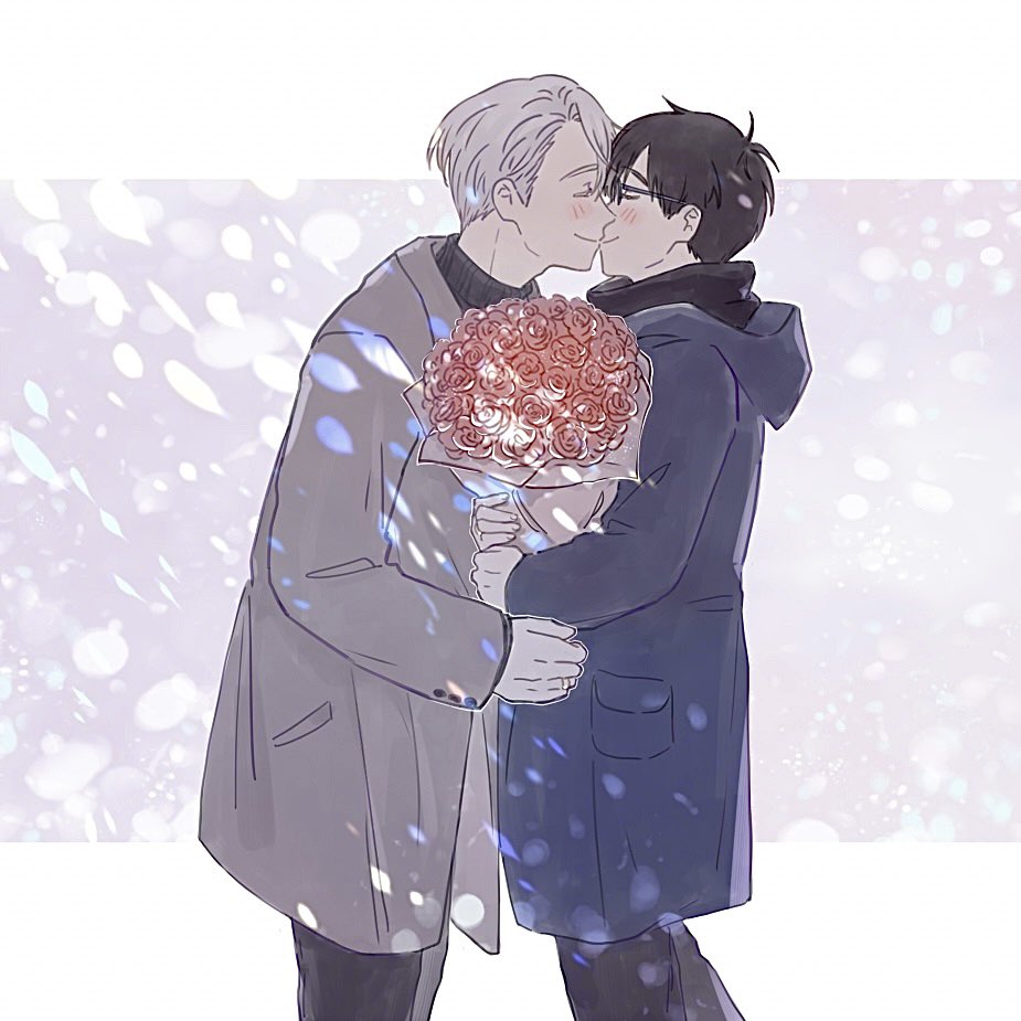 2boys adam&#039;s_apple black_hair black_pants black_scarf black_sweater blue_coat blurry bokeh bouquet buttoned_cuffs buttons closed_mouth coat commentary_request couple depth_of_field face-to-face feet_out_of_frame fingernails flower from_side glasses grey_background grey_coat grey_hair hair_between_eyes hand_on_another&#039;s_waist happy holding holding_bouquet hood hood_down hooded_coat husband_and_husband jewelry katsuki_yuuri kiss lapels lens_flare letterboxed light_blush light_particles male_focus multiple_boys pants profile red_flower red_rose ring rose ruakikoru scarf simple_background sleeveless sleeveless_turtleneck smile standing sweater swept_bangs turtleneck valentine viktor_nikiforov wedding_ring winter_clothes yaoi yuri!!!_on_ice