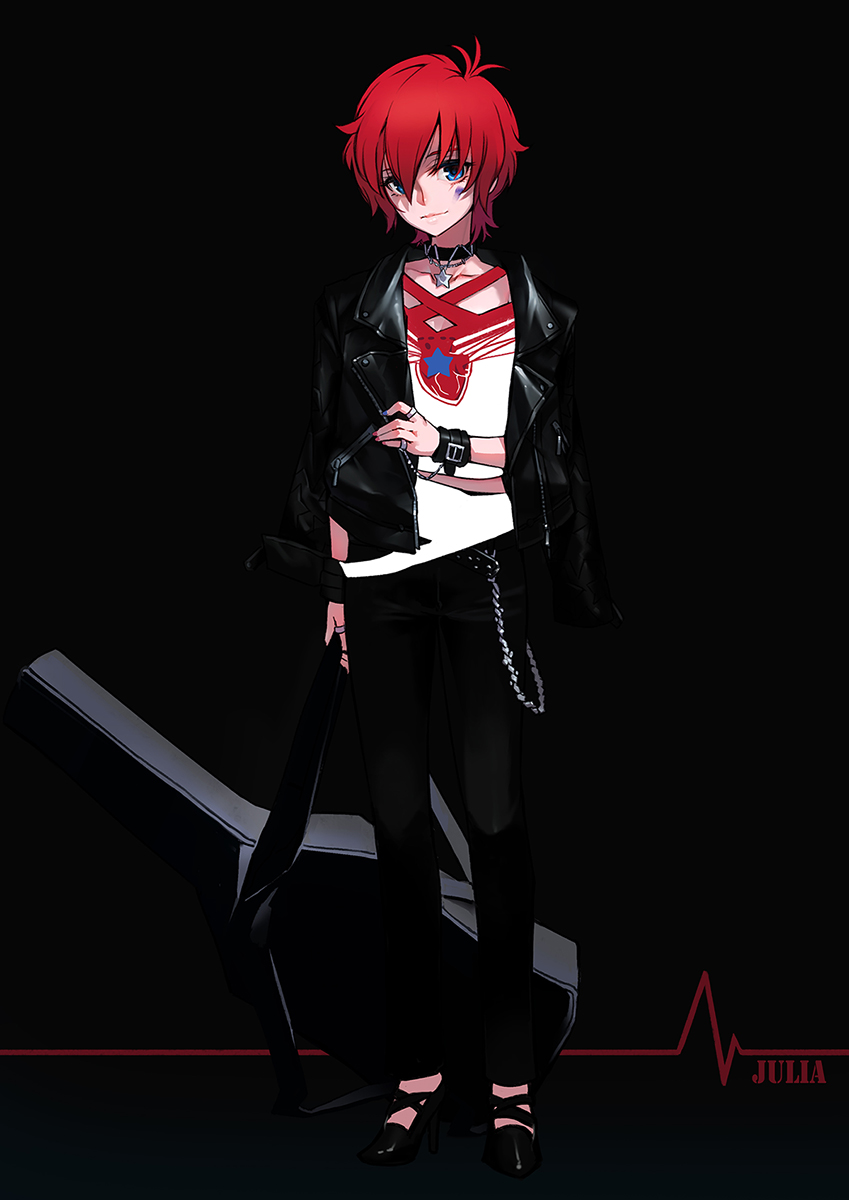 1girl belt blue_eyes bracelet buckle chain character_name choker collarbone dark_background female_focus gradient_background guitar_case heart_(organ) high_heels highres idolmaster idolmaster_million_live! instrument_case jacket jacket_on_shoulders jewelry julia_(idolmaster) leather leather_jacket leather_pants light_smile necklace pants red_hair ring shirt short_hair solo star_(symbol) star_necklace studded_belt todee torn_clothes torn_shirt