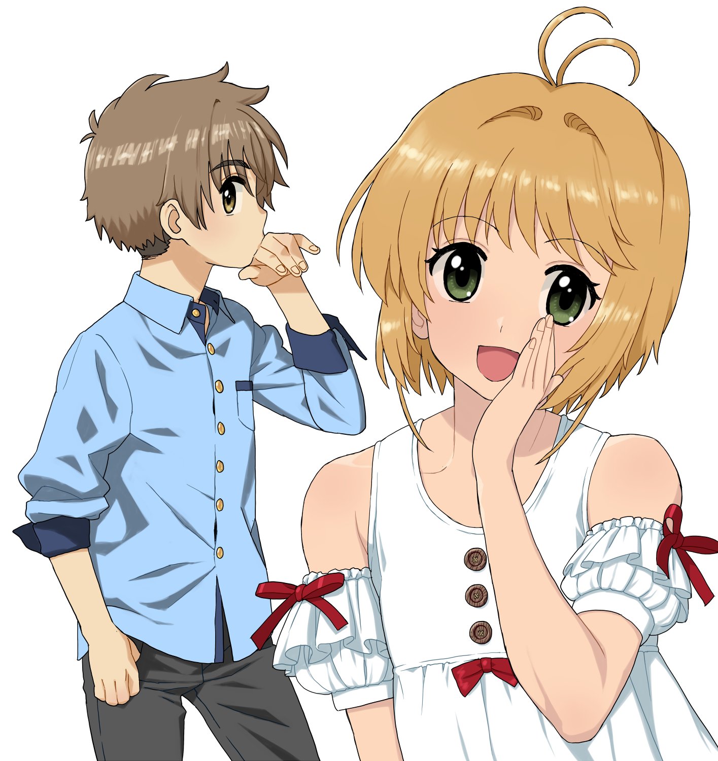 1boy 1girl antenna_hair bare_shoulders blue_shirt brown_eyes brown_hair cardcaptor_sakura detached_sleeves dress flat_chest green_eyes hand_on_own_cheek hand_on_own_face highres kinomoto_sakura li_syaoran looking_at_viewer open_mouth puffy_detached_sleeves puffy_sleeves shirt short_hair simple_background smile upper_body wakaho_riku white_background white_dress