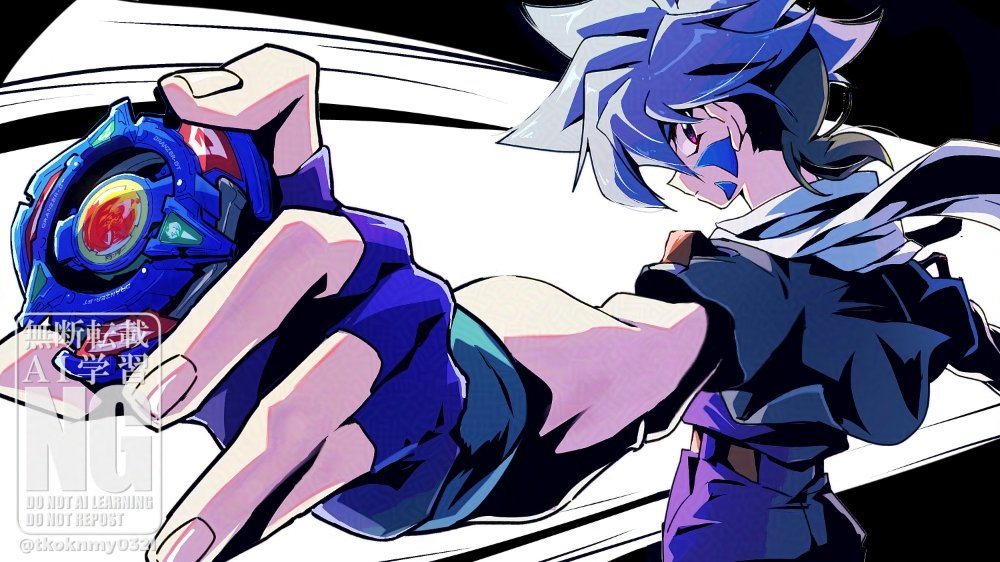 1boy bakuten_shoot_beyblade beyblade beyblade_(object) black_background black_jacket blue_hair brown_hair cowboy_shot cropped_jacket facial_mark fingerless_gloves from_behind gloves hiwatari_kai jacket looking_at_viewer male_focus short_hair simple_background solo tkoknmy0321 watermark white_background