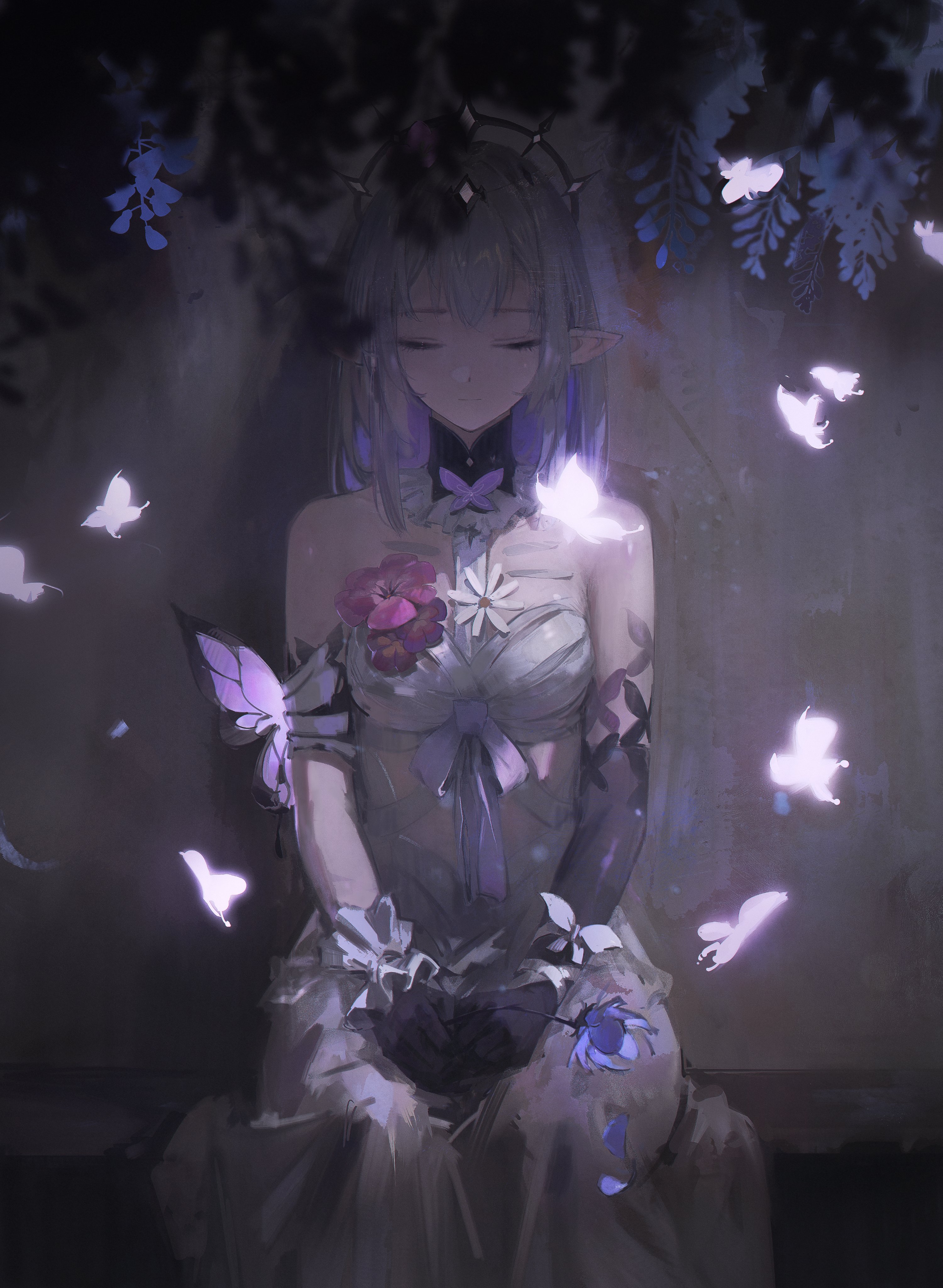 1girl absurdres asymmetrical_gloves bare_shoulders black_tiara breasts bug butterfly castorice_(honkai:_star_rail) closed_eyes closed_mouth commentary dino_(dinoartforame) dress elbow_gloves facing_viewer gloves highres honkai:_star_rail honkai_(series) insect large_breasts long_hair pointy_ears purple_butterfly purple_gloves purple_hair sidelocks single_elbow_glove sitting solo tiara uneven_gloves white_dress