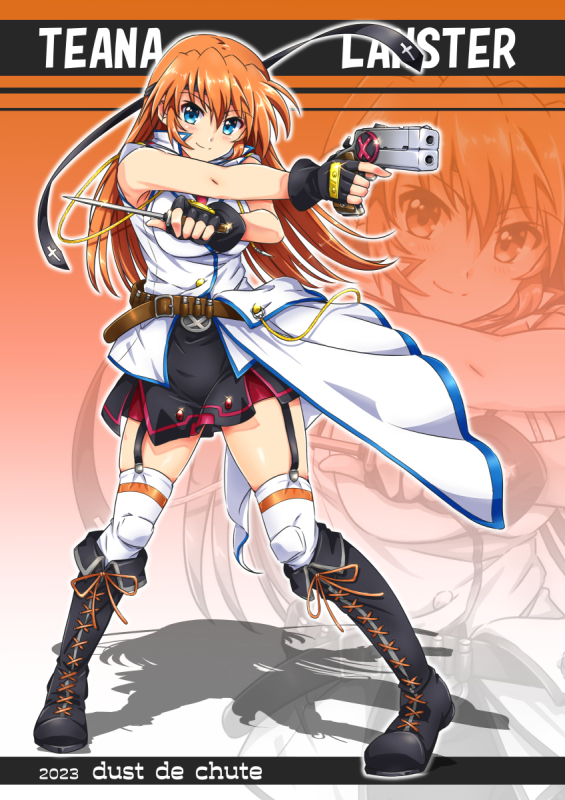 1girl asymmetrical_dual_wielding blue_eyes blush breasts character_name closed_mouth dual_wielding garter_straps gun handgun knife long_hair lyrical_nanoha magical_girl mahou_shoujo_lyrical_nanoha_strikers medium_breasts miniskirt orange_hair san-pon skirt smile solo teana_lanster thighhighs weapon white_thighhighs