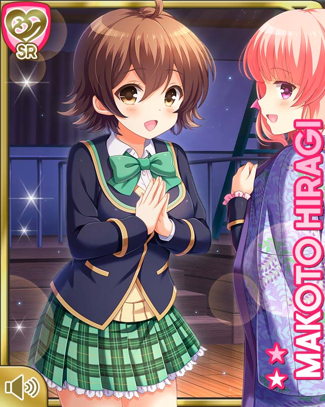 2girls :d ahoge bow bowtie brown_eyes brown_hair card_(medium) character_name cloak girlfriend_(kari) green_bow green_bowtie green_skirt hiragi_makoto indoors multiple_girls nitta_moeka official_art open_mouth pink_hair plaid_clothes plaid_skirt pleated_skirt purple_eyes qp:flapper school_uniform short_hair skirt smile socks standing