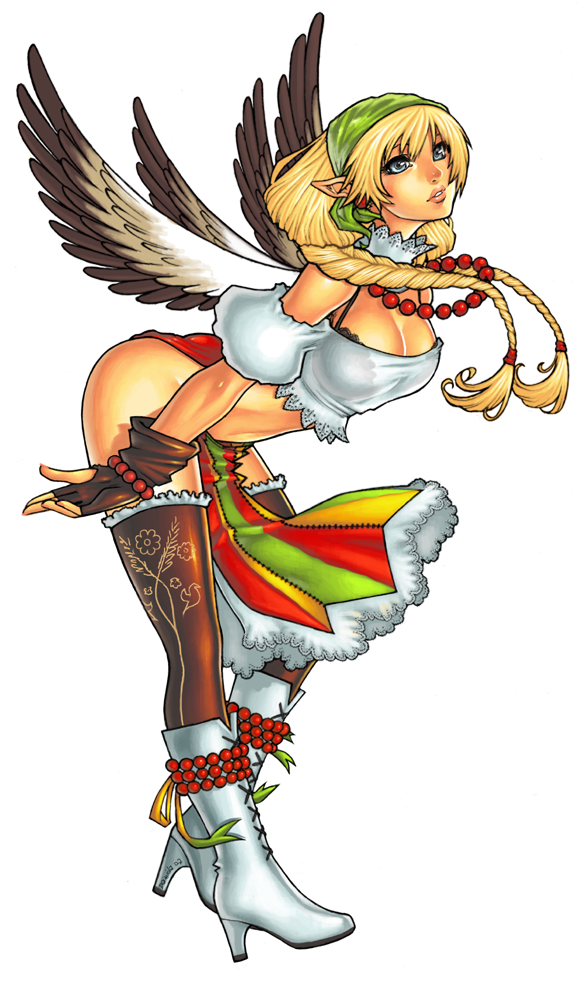 1girl bandana beads bent_over blonde_hair blue_eyes boots bra bracelet braid breasts choker cleavage crop_top fairy feathered_wings female_focus fingerless_gloves full_body gloves high_heels jewelry kasia_nie knee_boots lace lace-trimmed_bra lace_trim large_breasts legs lingerie lips loincloth long_hair multiple_wings necklace original parted_lips pelvic_curtain pointy_ears poland shoes signature simple_background slavic_clothes solo standing thighhighs underwear white_background wings