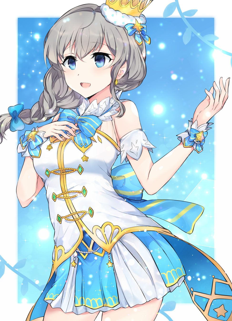 1girl 5p_(opi_32) battle_girl_high_school blue_bow blue_eyes border bow braid cowboy_shot crown earrings eyelashes highres jewelry looking_ahead narumi_haruka open_mouth shirt solo striped_bow white_border white_shirt wrist_cuffs