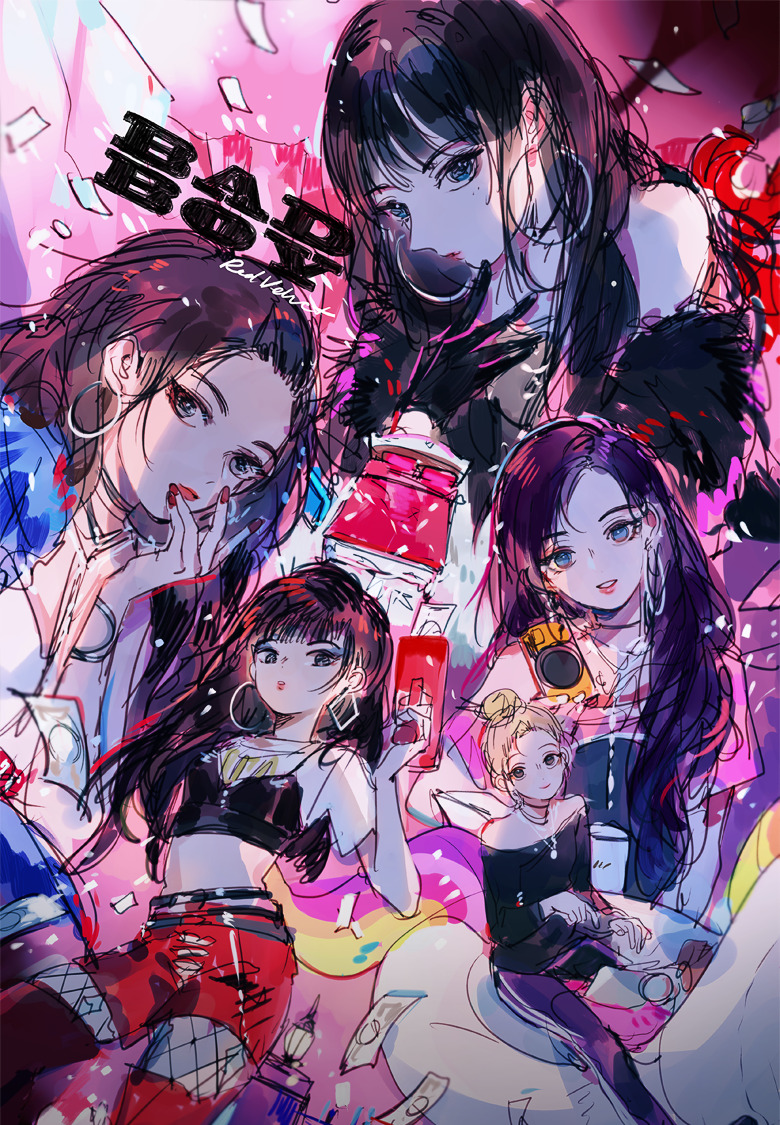 5girls animification black_gloves black_hair blue_eyes blue_eyeshadow blunt_bangs bracelet brown_hair commentary copyright_name earrings english_commentary eyeshadow fishnet_pantyhose fishnets gloves hair_bun holding hoop_earrings hrd0c innertube irene_(red_velvet) jewelry joy_(red_velvet) k-pop long_hair looking_at_viewer makeup multiple_girls pants pantyhose pink_lips purple_hair real_life red_lips red_nails red_pants red_velvet_(group) seulgi_(red_velvet) swim_ring wendy_(red_velvet) yeri_(red_velvet)