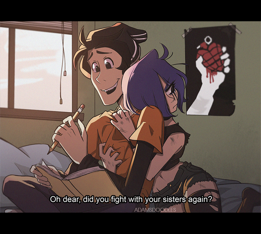 1boy 1girl aged_up american_idiot artist_name beanie bed black_eyes black_hair black_hat black_pants black_thighhighs book commentary cropped_shirt doosio ed_edd_n_eddy edd_(ed_edd_n_eddy) english_commentary english_text fake_screenshot green_day hat holding holding_pencil indoors letterboxed marie_kanker midriff mixed-language_commentary navel one_eye_covered open_book open_mouth orange_shirt pants pencil poster_(object) raised_inner_eyebrows shirt smile spanish_commentary thighhighs torn_clothes torn_thighhighs v-shaped_eyebrows watermark window