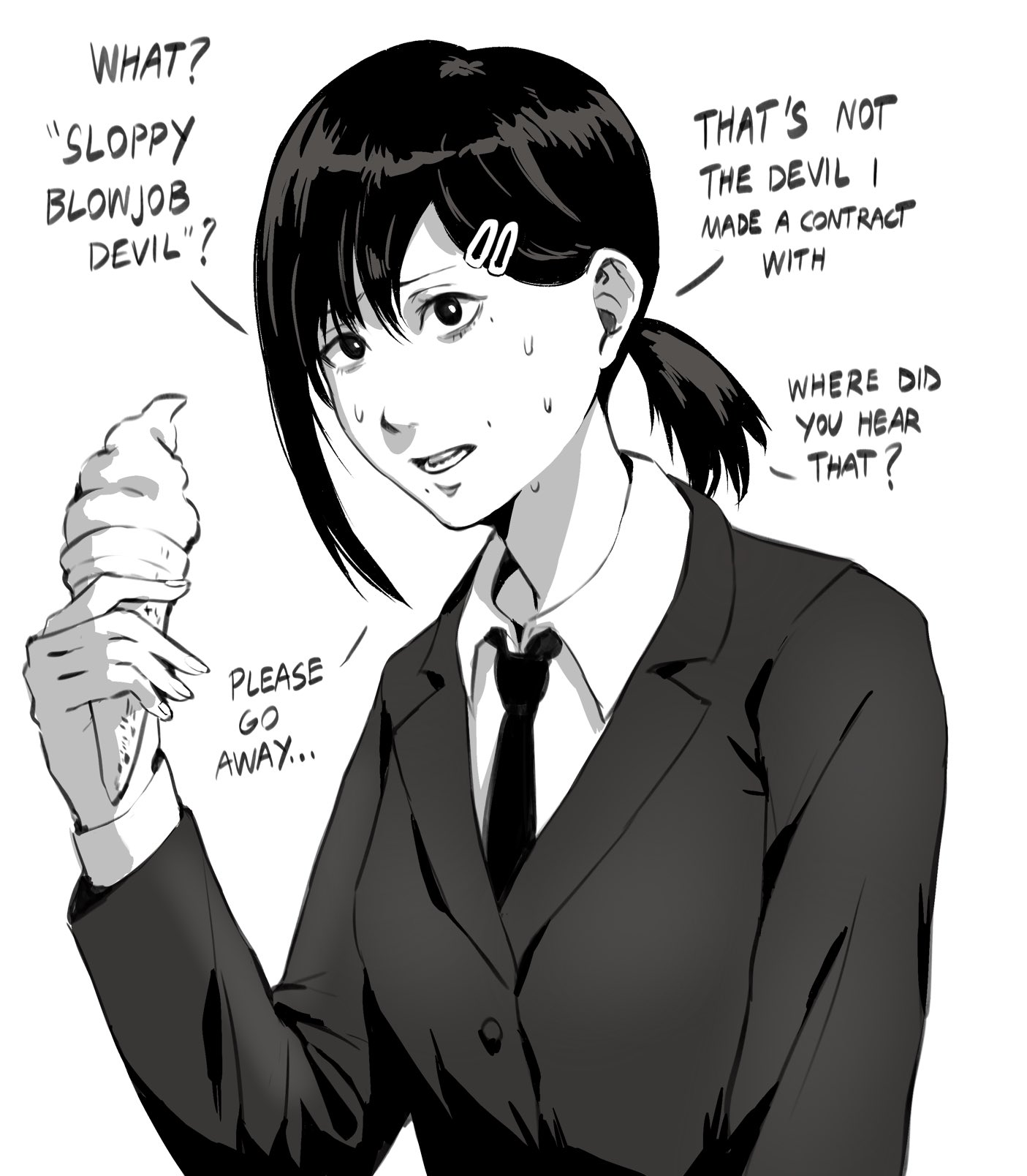 1girl black_hair black_jacket black_necktie chainsaw_man collared_shirt confused english_text food formal_clothes francisco_mon greyscale hair_ornament hairclip higashiyama_kobeni highres holding holding_food holding_ice_cream ice_cream jacket looking_at_viewer meme monochrome necktie open_mouth ponytail shirt short_hair short_ponytail simple_background single_sidelock sloppy_blowjob_devil_(meme) solo suit sweat white_background white_shirt