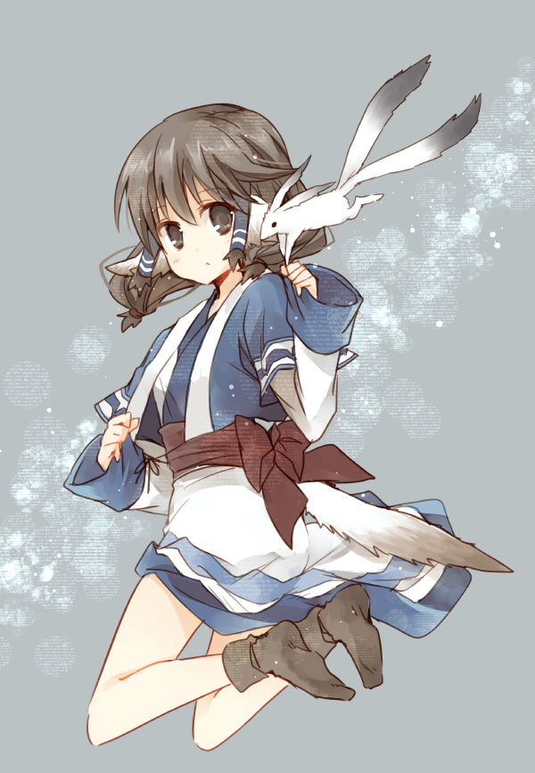 1girl :&lt; ainu_clothes animal animal_ears aruruu ass black_eyes black_hair blush bow brown_eyes brown_hair closed_mouth crop_top dog_ears dog_tail female_focus flat_chest from_side frown full_body gachatara grey_background hair_tie hair_tubes japanese_clothes kimono long_sleeves looking_at_viewer looking_back low_twintails multiple_tails open_clothes sash short_hair short_twintails simple_background sleeves_past_wrists solo suzushiro_kurumi tail twintails utawarerumono