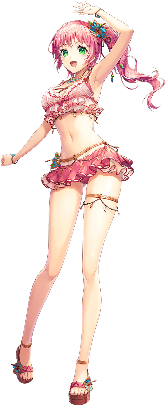 1girl arm_up armpits artist_request bare_arms bare_legs bracelet breasts frills full_body game_cg green_eyes hair_ornament highres jewelry miniskirt navel official_alternate_costume official_art open_mouth pink_eyes ryuin sandals side_ponytail skirt solo source_request swimsuit transparent_background unitia