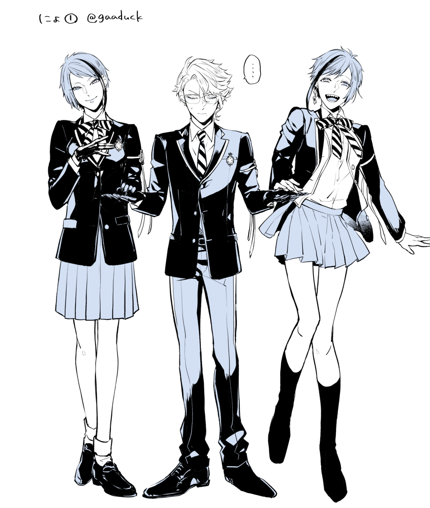 ... 1boy 2girls :d azul_ashengrotto blazer blue_theme bow bowtie closed_eyes closed_mouth collared_shirt dress earrings facing_viewer floyd_leech full_body genderswap genderswap_(mtf) gloves hand_on_another&#039;s_hand hand_up head_tilt holding_hands jacket jade_leech jewelry kneehighs knees_together_feet_apart legs_together loafers long_sleeves looking_at_viewer miniskirt monochrome multicolored_hair multiple_girls open_clothes open_jacket open_mouth outstretched_hand pants partially_unbuttoned pleated_skirt sharp_teeth shirai shirt shoes short_hair siblings side-by-side simple_background single_earring sisters skirt smile socks spoken_ellipsis standing streaked_hair striped_bow striped_bowtie striped_clothes sweat swept_bangs teeth twins twisted_wonderland