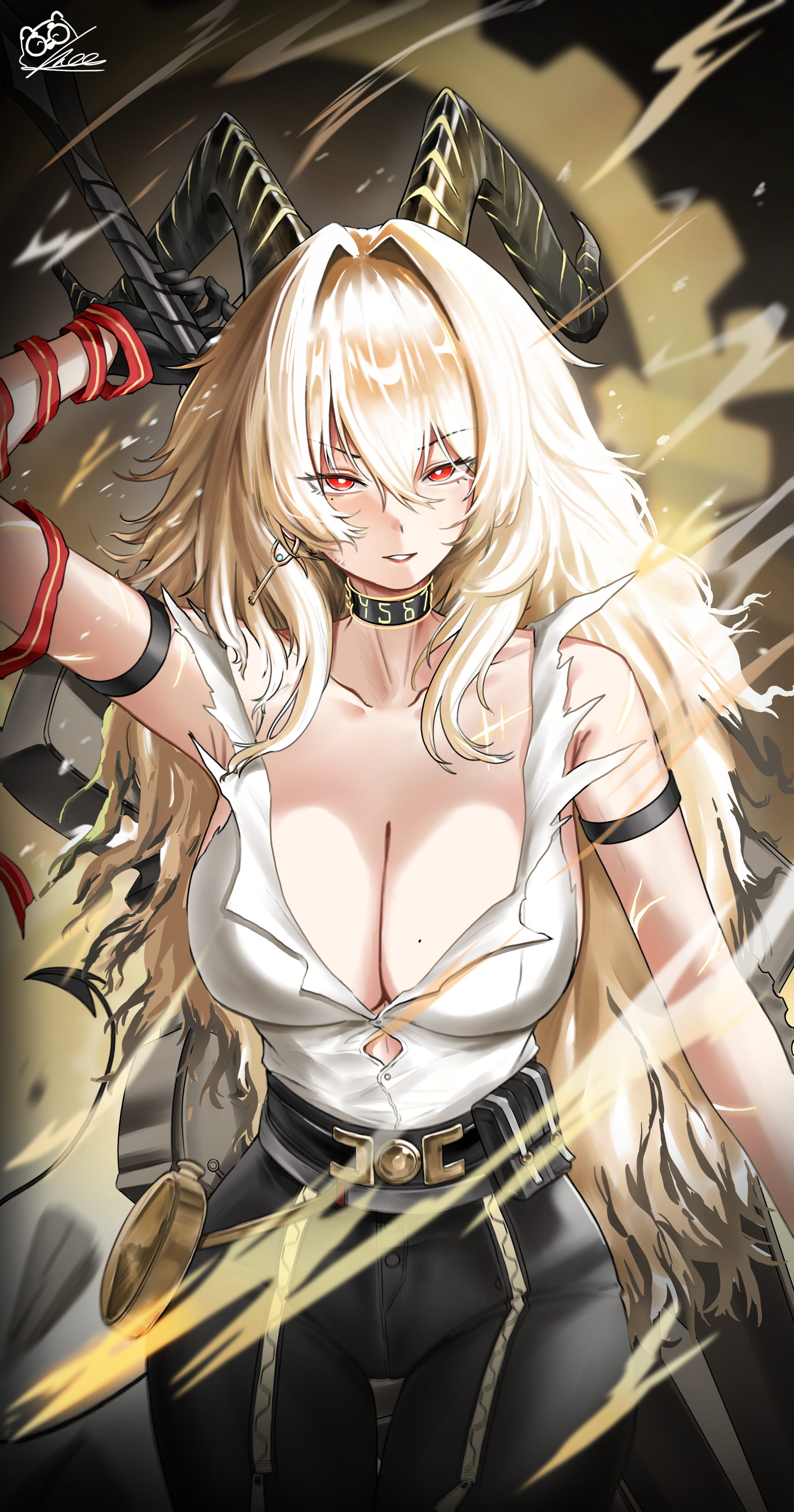 1girl absurdres armband artist_logo bare_shoulders black_armband black_choker black_gloves black_horns black_pants blonde_hair breasts bright_pupils choker collarbone commentary curled_horns earrings gloves hair_between_eyes high-waist_pants highres horns ice_bear jewelry key_earrings large_breasts logo long_hair looking_at_viewer mole mole_on_breast mole_under_eye necktie necktie_around_wrists pants parted_lips red_eyes red_necktie shirt shirt_tucked_in smile solo thigh_gap torn_clothes torn_shirt very_long_hair white_pupils white_shirt wuthering_waves zani_(wuthering_waves)