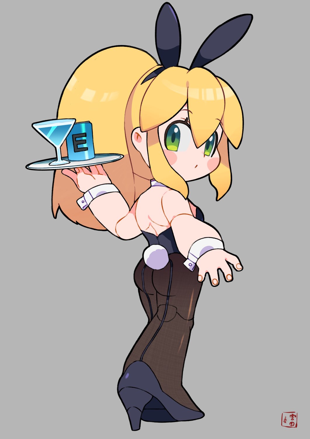 1girl android animal_ear_hairband animal_ears ass bare_shoulders black_hairband black_leotard black_pantyhose black_shoes blonde_hair blush chibi chibi_only closed_mouth energy_tank fake_animal_ears fake_tail full_body green_eyes grey_background hairband high_heels highres leotard medium_hair mega_man_(series) miyata_(lhr) pantyhose ponytail roll_(mega_man) shoes simple_background solo tail wrist_cuffs