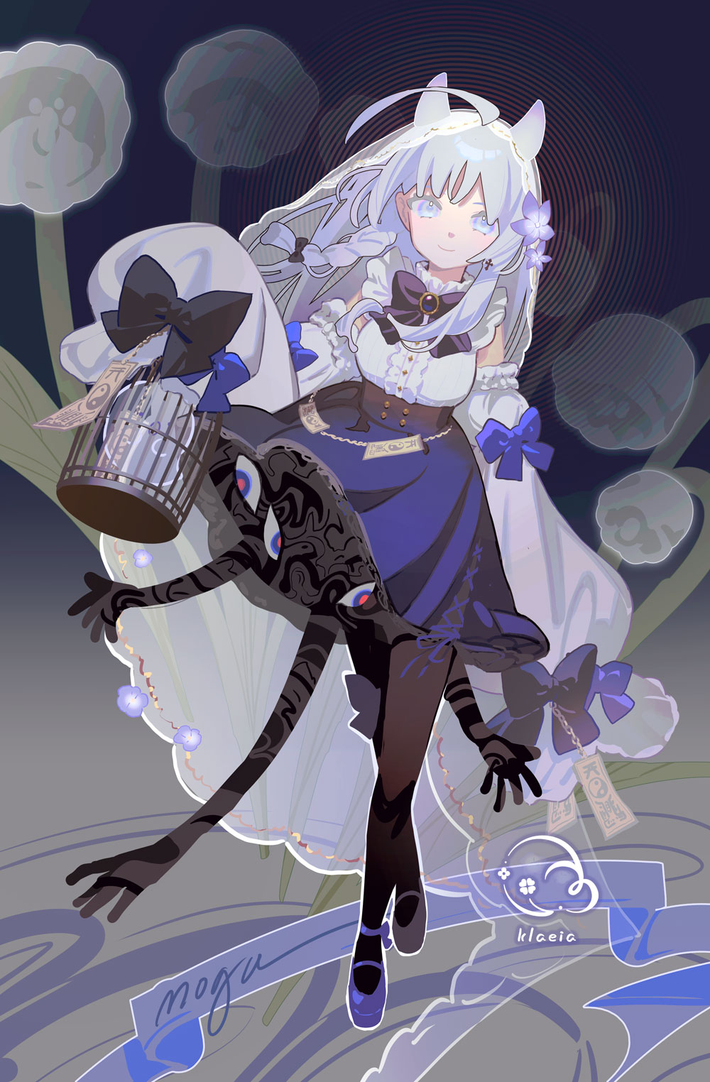 1girl birdcage black_bow black_bowtie black_pantyhose blue_bow blue_bowtie blue_eyes blue_shoes bow bowtie breasts cage center_frills character_name closed_mouth commentary demon_horns detached_sleeves eldritch_abomination english_commentary extra_eyes frills glitch_stars grey_hair highres holding holding_cage horns horror_(theme) klaeia long_hair looking_at_viewer medium_breasts mogughost_(vtuber) pantyhose shirt shoes sleeveless sleeveless_shirt sleeves_past_fingers sleeves_past_wrists solo underbust veil very_long_sleeves white_shirt white_sleeves