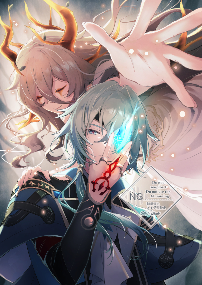 1boy 1girl abstract_background anaxa_(honkai:_star_rail) ascot black_shirt blood bloody_tears blue_cape blue_fire brown_hair calypso_(honkai:_star_rail) cape closed_eyes commentary_request dress fire gold_blood green_eyes green_hair grey_background hand_tattoo highres honkai:_star_rail honkai_(series) horns kinatsu_k long_hair outstretched_hand red_pupils shirt tattoo twitter_username upper_body watermark white_ascot white_dress