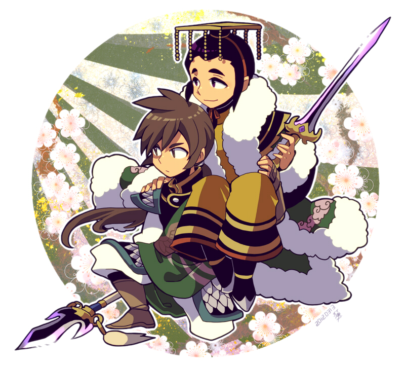 2boys armor black_footwear brown_eyes brown_footwear brown_hair carrying carrying_person chinese_armor chinese_clothes closed_mouth guan_hat hat holding holding_sword holding_weapon jian_(weapon) jiang_wei kotorai liu_shan long_hair looking_ahead male_focus multiple_boys polearm qiang_(weapon) shin_sangoku_musou sword weapon