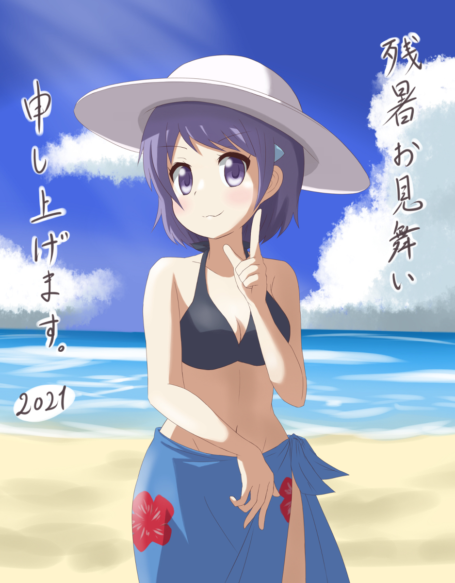 1girl 2021 bare_shoulders beach bikini bikini_top_only breasts closed_mouth cloud collarbone day dot_nose female_focus flower hair_ornament hairclip hat hibiscus highres koisuru_asteroid looking_at_viewer medium_breasts nanog_eb1994 navel purple_eyes purple_hair sand sarong short_hair sky smile solo standing suzuya_moe swimsuit translated v water