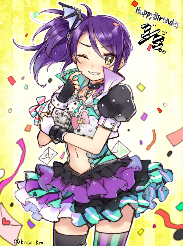 1girl cowboy_shot finger_to_cheek happy_birthday idol_clothes navel one_eye_closed pretty_series pripara puffy_short_sleeves puffy_sleeves purple_hair short_sleeves side_ponytail sidelocks skirt solo thighhighs toudou_shion touyama_soboro twitter_username yellow_background yellow_eyes