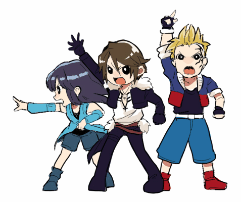 1girl 2boys arm_ribbon arm_up belt black_eyes black_footwear black_hair black_jacket black_pants blonde_hair blue_footwear blue_jacket blue_pants boots bright_pupils brown_belt brown_hair chibi chibi_only commentary_request cropped_jacket detached_sleeves facing_to_the_side final_fantasy final_fantasy_viii full_body fur-trimmed_jacket fur_trim hair_slicked_back jacket long_hair lowres medu_(rubish) multicolored_jacket multiple_belts multiple_boys open_clothes open_jacket open_mouth pants pointing pointing_to_the_side pointing_up red_footwear red_jacket ribbon rinoa_heartilly scar scar_on_face serious shirt short_hair simple_background sleeveless_duster sleeves_rolled_up squall_leonhart v-neck waist_cape white_background white_belt white_fur white_shirt zell_dincht