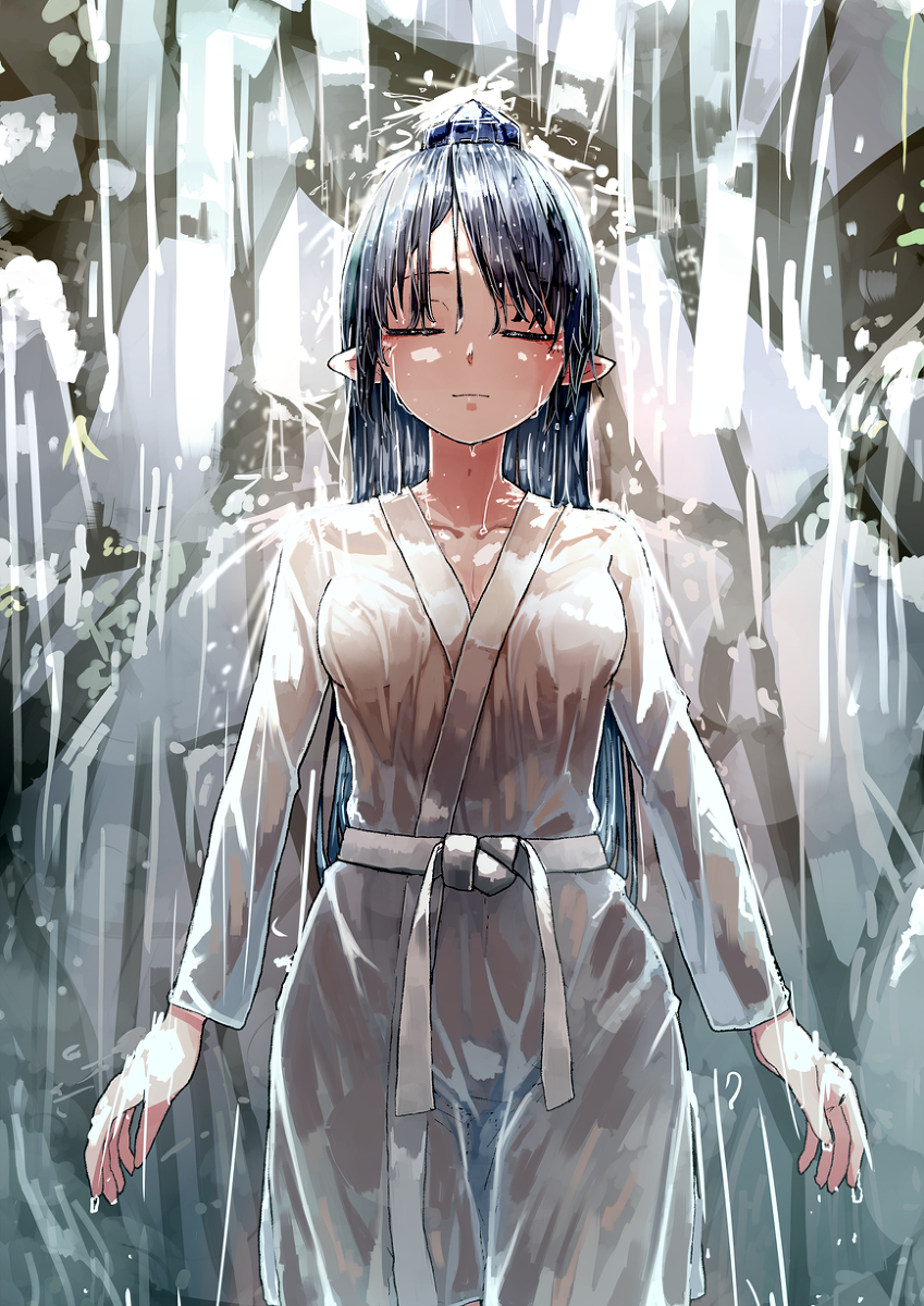 1girl blue_hair blue_hat breasts closed_eyes closed_mouth collarbone futatsuki_eru hat highres iizunamaru_megumu japanese_clothes long_hair meditation medium_breasts nature pointy_ears solo tengu tokin_hat touhou water waterfall wet wet_clothes
