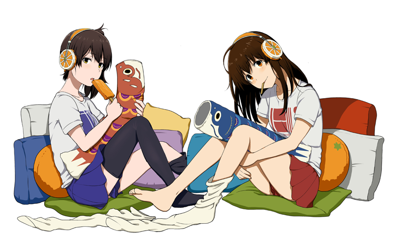 10s 2girls akagi_(kancolle) alternate_costume bad_id bad_twitter_id black_legwear blush brown_hair feet food head_tilt headphones kaga_(kancolle) kantai_collection kirusu kite long_hair looking_at_viewer mouth_hold multiple_girls orange_eyes own_hands_together pillow popsicle shirt short_hair side_ponytail simple_background sitting sitting_on_pillow skirt t-shirt thighhighs white_background
