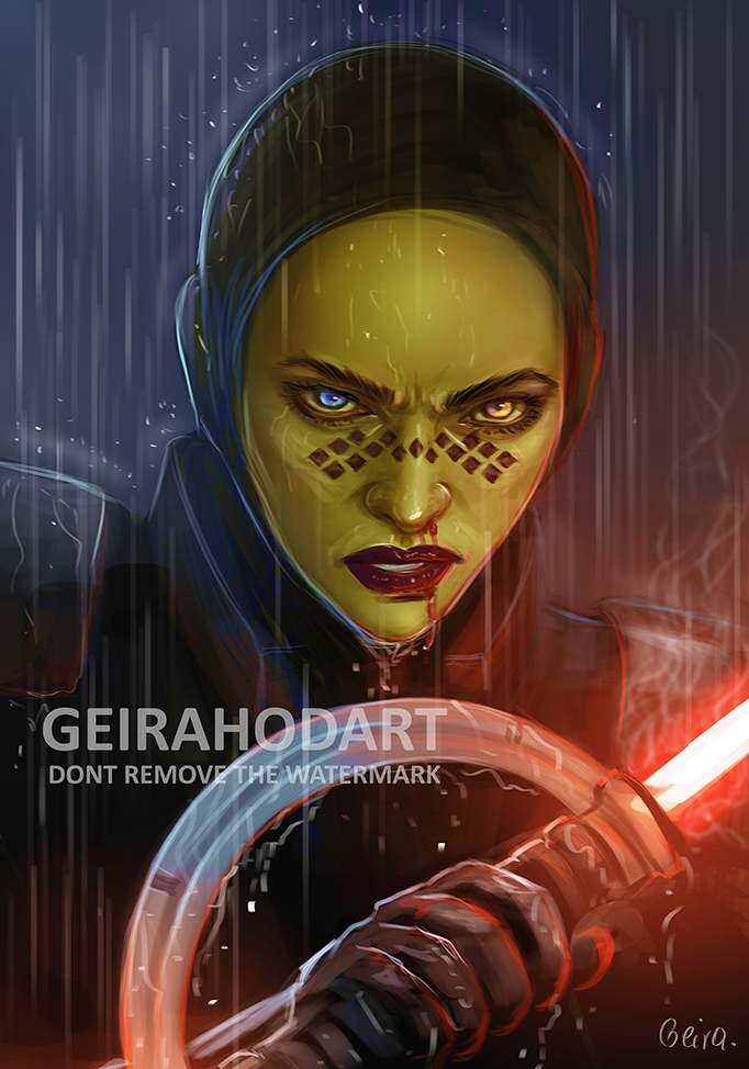 1girl alien armor artist_name barriss_offee black_armor black_gloves blood blue_eyes colored_skin double-bladed_spinning_lightsaber energy_sword english_text facial_mark geirahod gloves green_skin heterochromia holding holding_sword holding_weapon lightsaber looking_at_viewer mirialan nosebleed rain red_lightsaber red_lips signature solo star_wars sword upper_body watermark weapon yellow_eyes