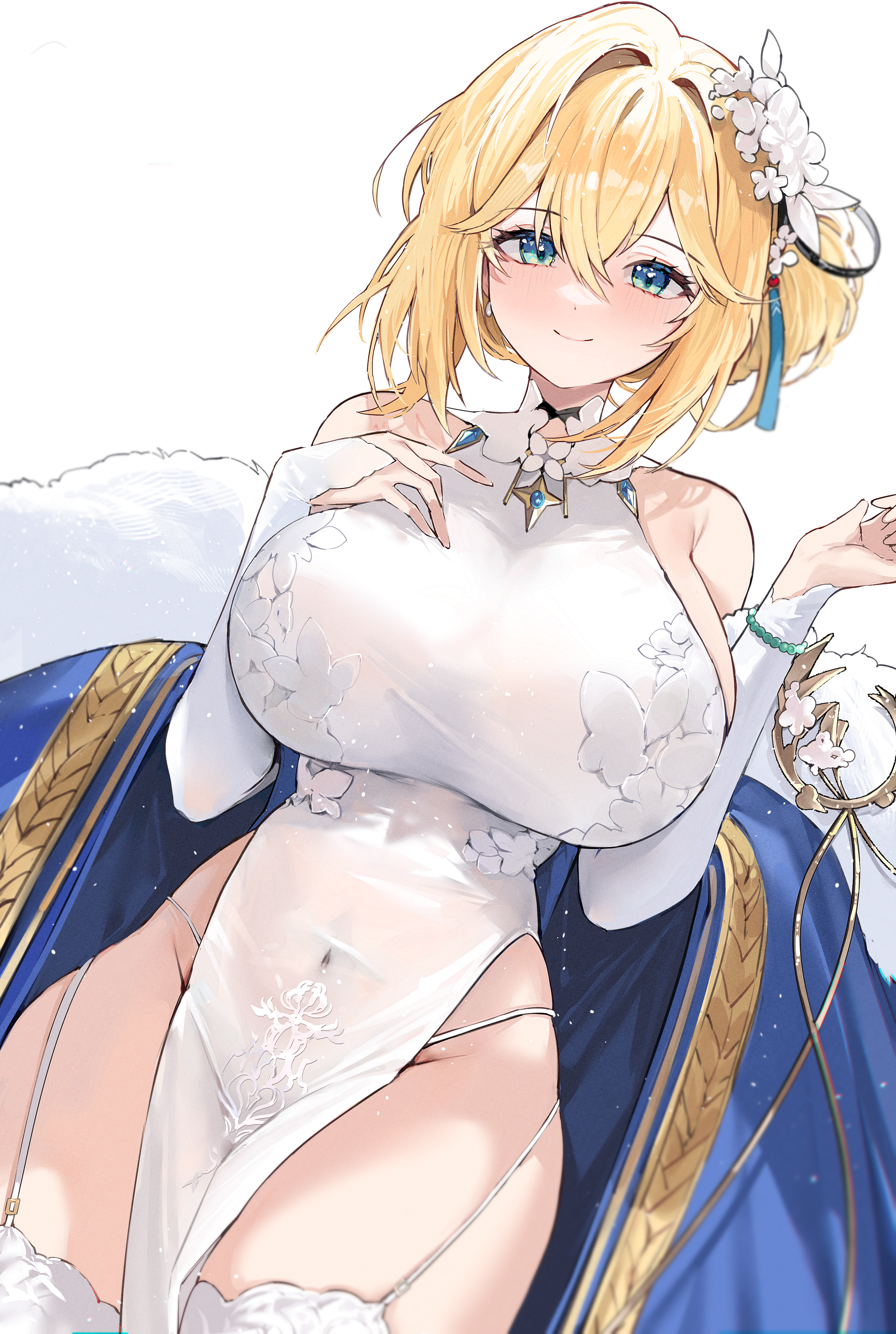 1girl absurdres azur_lane bare_shoulders blonde_hair blue_cloak blue_eyes breasts brooch cloak closed_mouth covered_navel cowboy_shot detached_sleeves dress flower fur_trim garter_straps gurami_(zangizarang) hair_between_eyes hair_bun hair_flower hair_ornament hands_up highres huge_breasts impossible_clothes impossible_dress jeanne_d'arc_(azur_lane) jeanne_d'arc_(patron_saintess_of_celebration)_(azur_lane) jewelry long_hair long_sleeves looking_at_viewer panty_straps pelvic_curtain simple_background sleeveless sleeveless_dress smile solo spaghetti_strap thighhighs thighs white_background white_dress white_thighhighs