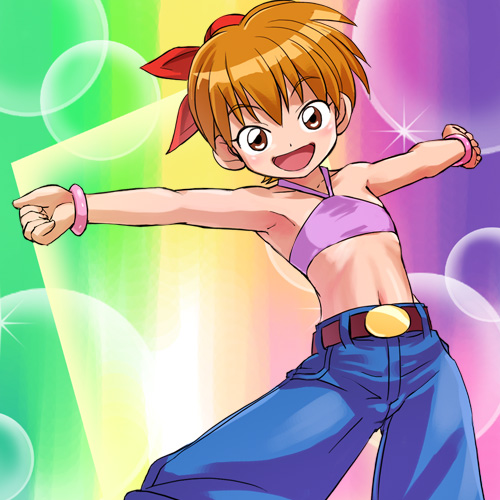 1girl :d armpits baggy_pants bare_shoulders belt belt_buckle binka blush bracelet brown_eyes brown_hair buckle bun_cover child clenched_hands crop_top female_focus flat_chest hair_bun halterneck haruyama_kazunori jewelry leaning light_particles looking_at_viewer lowres midriff mushrambo navel open_mouth outstretched_arms pants rainbow_background ribbon short_hair single_hair_bun smile solo sparkle spread_arms standing