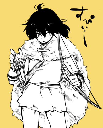 10s 1boy arm_warmers arrow_(projectile) black_hair bow_(weapon) cape hunter karigurashi_no_arrietty lowres spiller standing studio_ghibli weapon