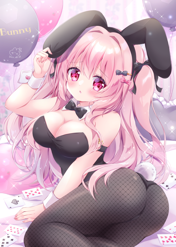 1girl ace_(playing_card) ace_of_spades animal_ears ass bare_shoulders black_bow black_bowtie black_leotard black_pantyhose black_ribbon blush bow bowtie breasts chiika_(cure_cherish) commentary cushion detached_collar eight_of_hearts fake_animal_ears fake_tail fishnet_pantyhose fishnets four_of_clubs frills hair_ornament hair_ribbon hand_up heart indoors large_breasts leotard long_bangs long_hair looking_at_viewer lying nail_polish on_side open_mouth original pantyhose pink_eyes pink_hair pink_nails playboy_bunny playing_card rabbit_tail ribbon solo spade_(shape) sparkle strapless strapless_leotard tail thighs tia_(chiika_cure_cherish) two_side_up wrist_cuffs