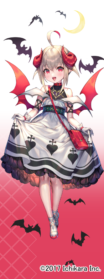 1girl ahoge ankle_lace-up bag bangle bare_shoulders bat_(animal) belt_collar black_undershirt blush bracelet collar copyright_name crescent_moon cross cross-laced_clothes cross-laced_top cross_print curled_horns demon_girl demon_horns demon_wings dress dyed_ahoge fangs frilled_dress frills full_body gloves gold_trim gradient_background grey_hair hair_between_eyes handbag heart heart_print horns jewelry long_dress looking_at_viewer low_wings makaino_ririmu makaino_ririmu_(1st_costume) moon multicolored_hair nijisanji no_socks off-shoulder_dress off_shoulder official_art open_mouth pixie_cut pointy_ears red_background red_bag red_collar red_eyes red_hair red_horns red_shoes red_wings sencha_(senchat) shirt_under_dress shoes short_hair shoulder_bag sidelocks skirt_hold smile solo standing streaked_hair virtual_youtuber white_dress white_gloves white_shoes wings