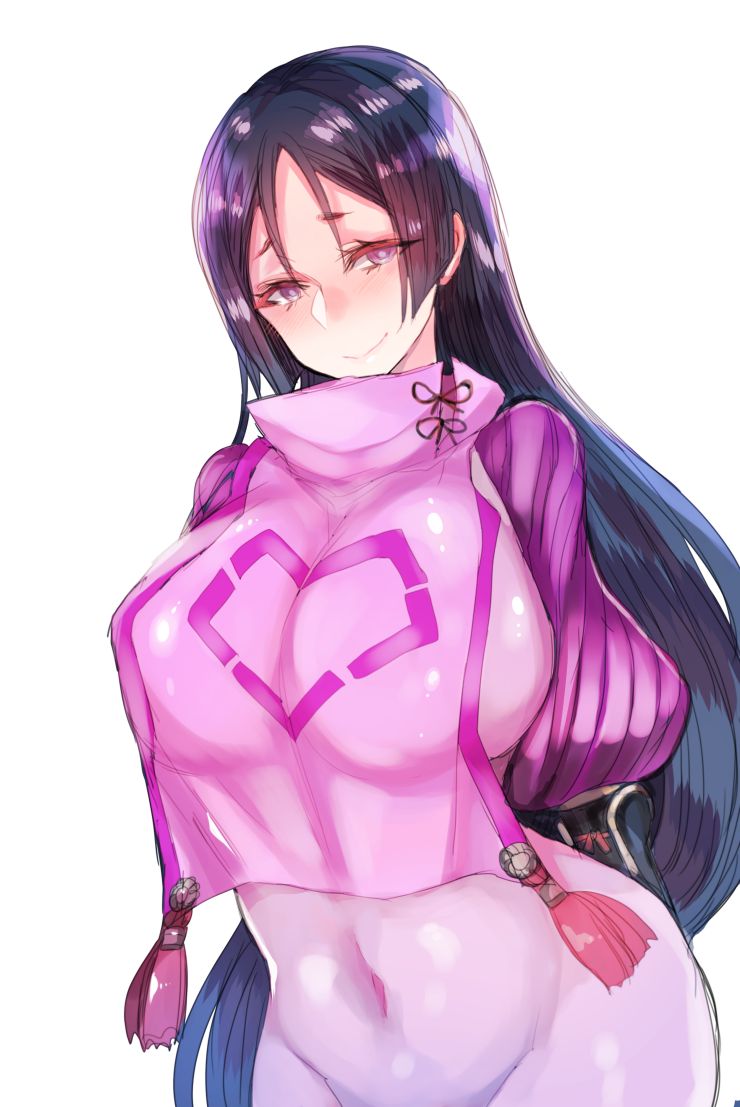 1girl arms_behind_back bodysuit breasts covered_navel fate/grand_order fate_(series) female_focus hip_focus large_breasts long_hair mamemix minamoto_no_raikou_(fate) purple_eyes purple_hair simple_background solo very_long_hair white_background