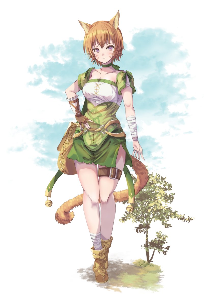 1girl animal_ears arm_wrap belt cat cat_ears cat_girl cat_tail facepaint fingerless_gloves fire_emblem fire_emblem:_path_of_radiance fire_emblem:_radiant_dawn fuussu_(21-kazin) gloves hand_on_own_hip highres lethe_(fire_emblem) nintendo orange_hair pouch purple_eyes solo standing tail thigh_belt thigh_pouch thigh_strap