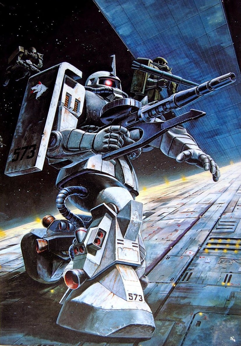 bazooka_(gundam) commentary english_commentary finger_on_trigger flying glowing glowing_eye gun gundam gundam_msv holding holding_gun holding_weapon horns mecha mecha_focus mobile_suit mobile_suit_gundam no_humans one-eyed red_eyes robot scan science_fiction single_horn solar_panel space space_habitat star_(sky) third-party_source thrusters ueda_shin weapon zaku_ii zero_gravity