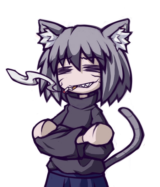 1boy animal_ears cat_boy cat_ears cat_tail chibi closed_eyes colored_inner_animal_ears crossed_arms grey_hair grin male_focus melty_blood neco-arc_chaos non-web_source open_mouth scar scar_on_face sharp_teeth short_hair skirt smile smoke smoking solo sweater tail teeth tsukihime type-moon white_background