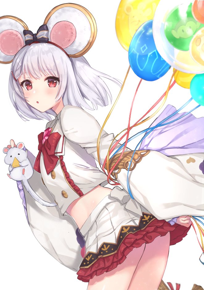 1girl animal animal_ears balloon bow bowtie brooch buttons carrying commentary_request cowboy_shot crop_top crop_top_overhang fake_animal_ears female_focus frilled_skirt frills granblue_fantasy hair_bow hair_ornament hairclip heart heart_brooch jewelry kon_(k0n16) looking_at_viewer midriff miniskirt mouse_(animal) mouse_ears parted_lips pleated_skirt red_bow red_eyes shirt short_hair silver_hair skirt solo thighs vikala_(granblue_fantasy) white_shirt white_skirt wide_sleeves
