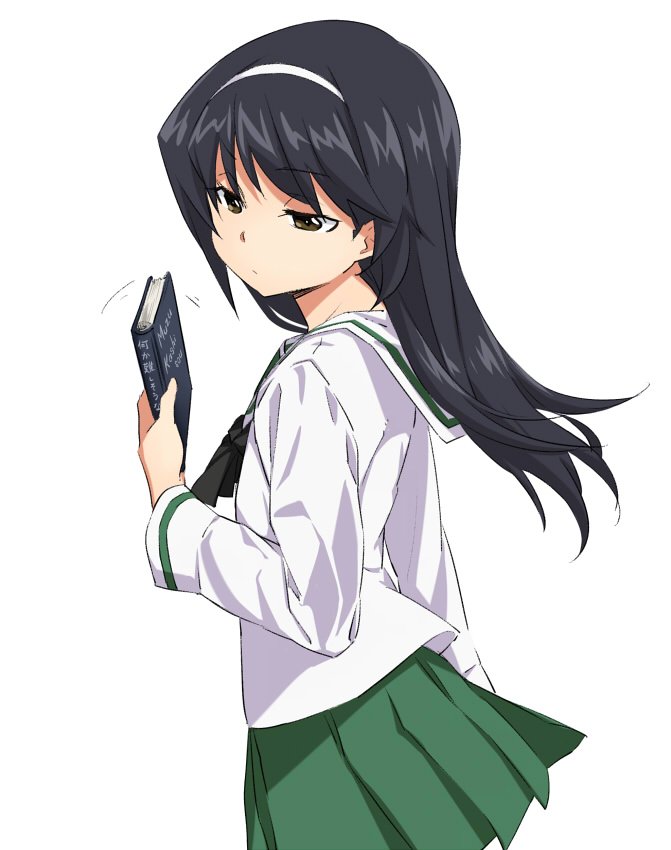 1girl black_hair black_neckerchief blouse book brown_eyes closed_mouth commentary from_side girls_und_panzer green_skirt hairband half-closed_eyes holding holding_book light_frown long_hair long_sleeves looking_to_the_side miniskirt neckerchief ooarai_school_uniform pleated_skirt reizei_mako sailor_collar school_uniform serafuku shikou_sakugo_(qqap9gt9k) shirt simple_background skirt solo standing white_background white_hairband white_sailor_collar white_shirt wind