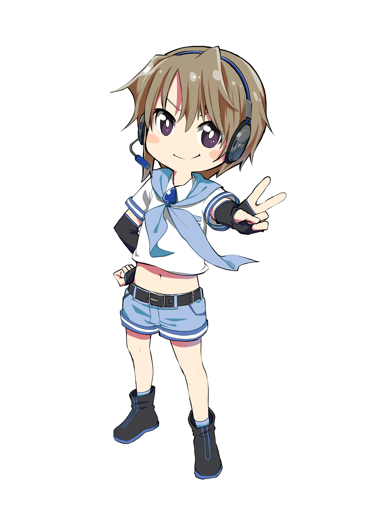 1boy black_boots black_gloves blue_neckerchief blue_shorts blush_stickers boots brown_hair elbow_gloves gloves gyari_(imagesdawn) hand_on_own_hip headset highres male_focus navel neckerchief purple_eyes short_sleeves shorts transparent_background tsukuyomi_shouta v voiceroid