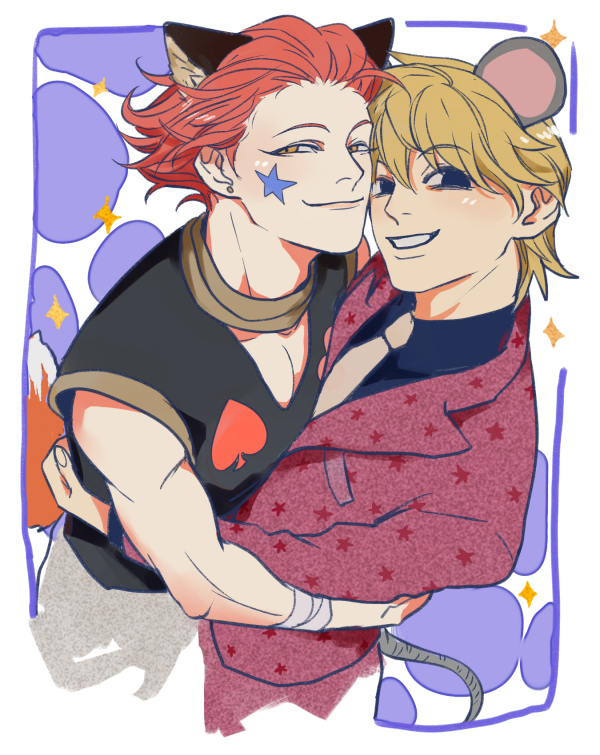 2boys animal_ears black_eyes blonde_hair facepaint formal_clothes fox_boy fox_ears hair_slicked_back hisoka_morow hug hunter_x_hunter kilva_lollop makeup male_focus mouse_boy mouse_ears multiple_boys pariston_hill red_hair sleeveless smile suit yellow_eyes