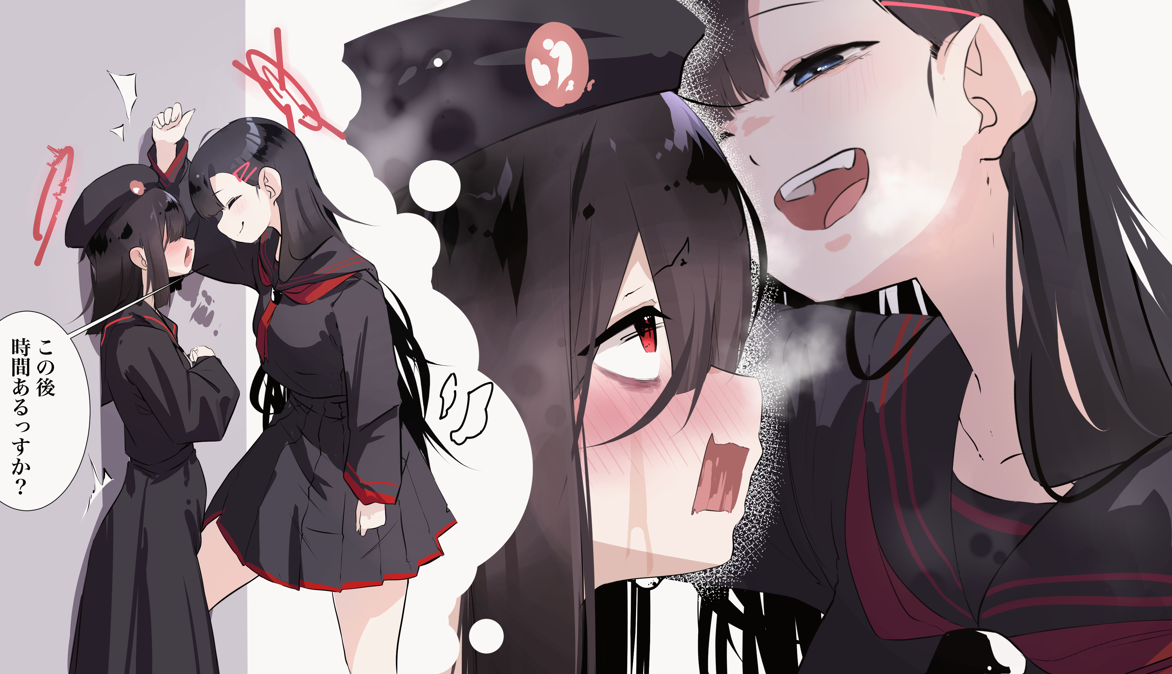 2girls absurdres beret black_hair black_hat black_serafuku blue_archive blush commentary_request facing_another halo hat highres ichika_(blue_archive) justice_task_force_member_(blue_archive) kabedon long_hair medium_hair mira_mira_mira mole mole_on_neck multiple_girls neckerchief nervous nose_blush pleated_skirt red_eyes red_neckerchief school_uniform serafuku skirt smile speech_bubble straight_hair translation_request very_long_hair yuri