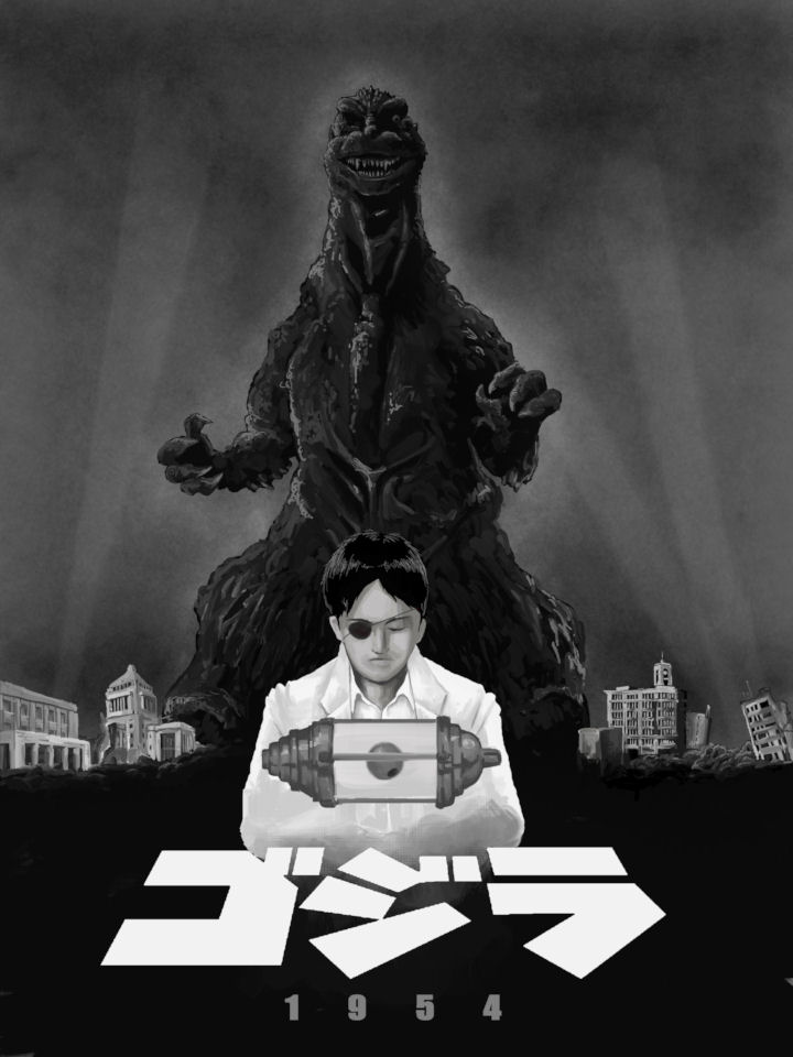 1boy chemical_weapon chemicals clock clock_tower copyright_name dated dinosaur eyepatch giant giant_monster godzilla godzilla_(1954) godzilla_(series) hide_(1469867) kaiju lab_coat monster national_diet_building oxygen_destroyer real_world_location science science_fiction scientist serizawa_daisuke spikes toho tokyo_(city) tower wako_(department_store) wako_clock_tower weapon weapon_of_mass_destruction