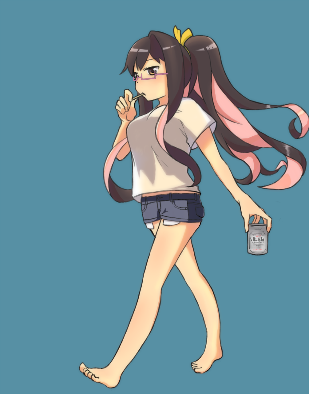 10s 1girl alcohol alternate_costume alternate_hairstyle asahi_breweries barefoot beer beer_can bespectacled black_hair blue_background brand_name_imitation brown_eyes can denim denim_shorts drink_can fang female_focus glasses hair_ribbon highres holding holding_can kantai_collection long_hair macbail multicolored_hair naganami_(kancolle) pink_hair pockets_visible ponytail purple-framed_eyewear ribbon semi-rimless_eyewear shirt short_shorts shorts simple_background solo t-shirt two-tone_hair under-rim_eyewear very_long_hair walking wavy_hair yellow_theme