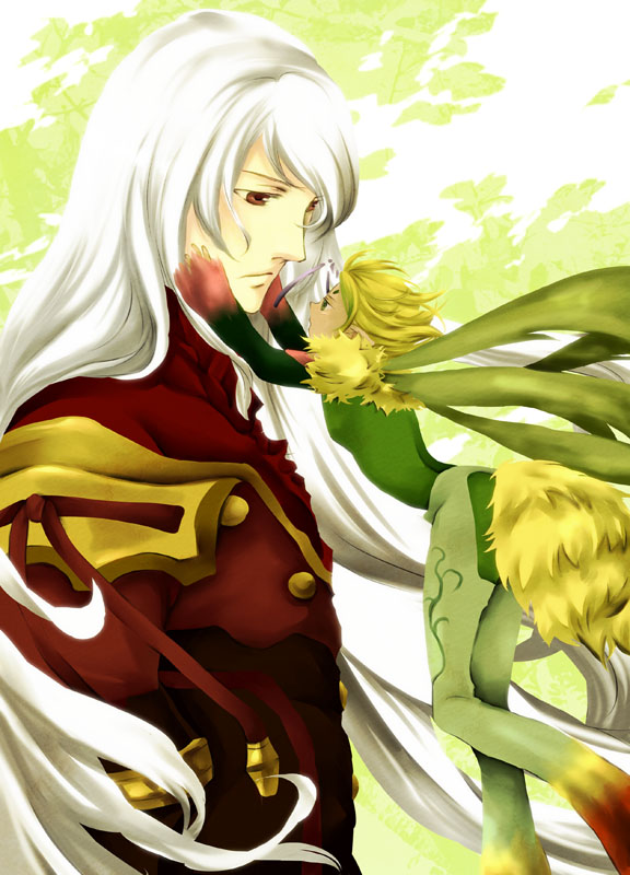 00s 1boy 1girl blonde_hair candle0213 coat duke_pantarei fairy green_eyes height_difference long_hair red_eyes short_hair sylph tales_of_(series) tales_of_vesperia white_hair