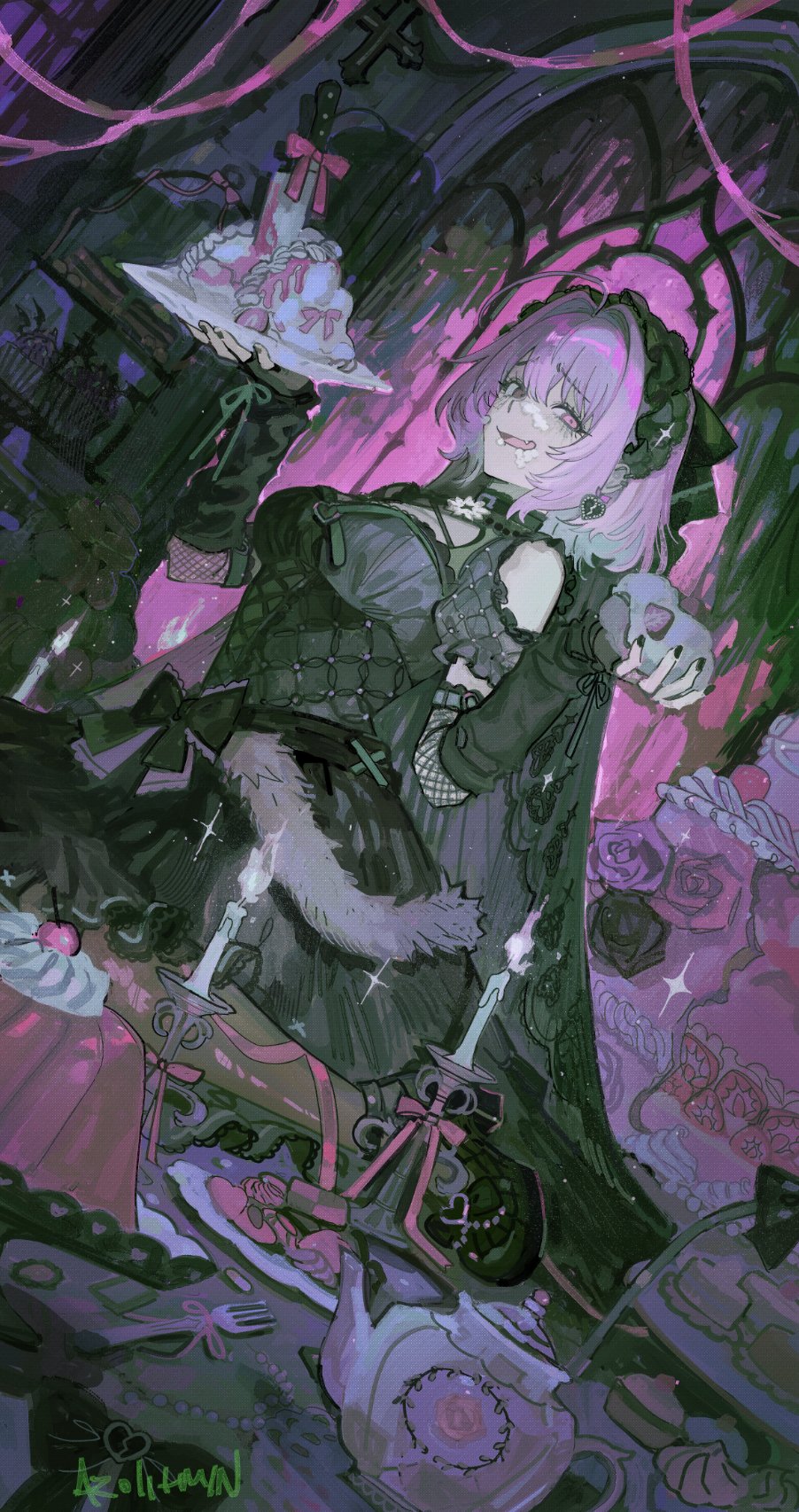 1girl ahoge arm_belt artist_name azolitmin belt black_belt black_bow black_choker black_dress black_flower black_gloves black_headdress black_nails black_pantyhose black_ribbon black_rose black_shoes black_sleeves bow breasts cake cake_stand candle cherry choker commentary cookie cross cupcake dress earrings fang fingerless_gloves fingernails fishnet_sleeves fishnets flower food food_on_face footwear_bow fork fruit gelatin gloves hair_between_eyes hair_intakes heart heart_earrings high_heels highres holding holding_plate idolmaster idolmaster_cinderella_girls idolmaster_cinderella_girls_starlight_stage indoors jewelry knife large_breasts long_sleeves looking_at_viewer macaron makeup medium_hair multicolored_hair nail_polish open_mouth pantyhose pink_eyes pink_flower pink_hair pink_ribbon pink_rose plate platform_shoes ribbon rose runny_makeup shoes short_sleeves sleeves_past_wrists smile solo symbol-only_commentary teapot tumblr_username twitter_username two-tone_hair whipped_cream yumemi_riamu