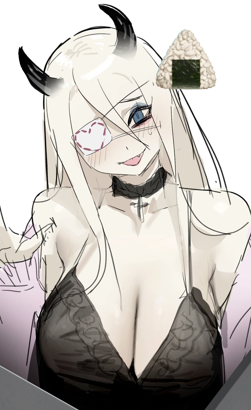 1girl bare_shoulders black_bra blonde_hair blue_eyes blush bra breasts choker cleavage collar demon_girl demon_horns eeeeee03714610 eyepatch fang hair_between_eyes highres horns large_breasts long_hair looking_at_viewer monster_girl original personification simple_background sketch smile solo tongue tongue_out underwear upper_body white_background